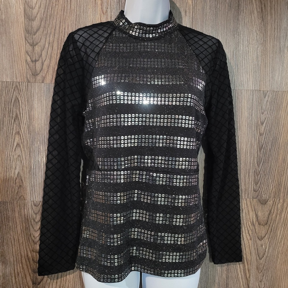 VENUS Sequin Mesh Top Size M Black Mock Neck Goth Evening Party Dance Clubbing